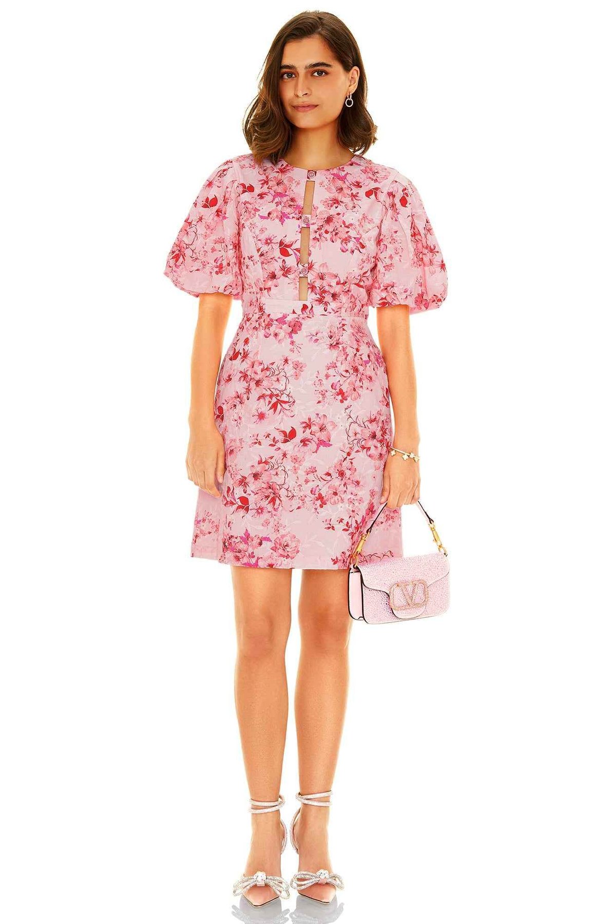 Pink Floral Puff Sleeve Fit and Flare Mini Dress