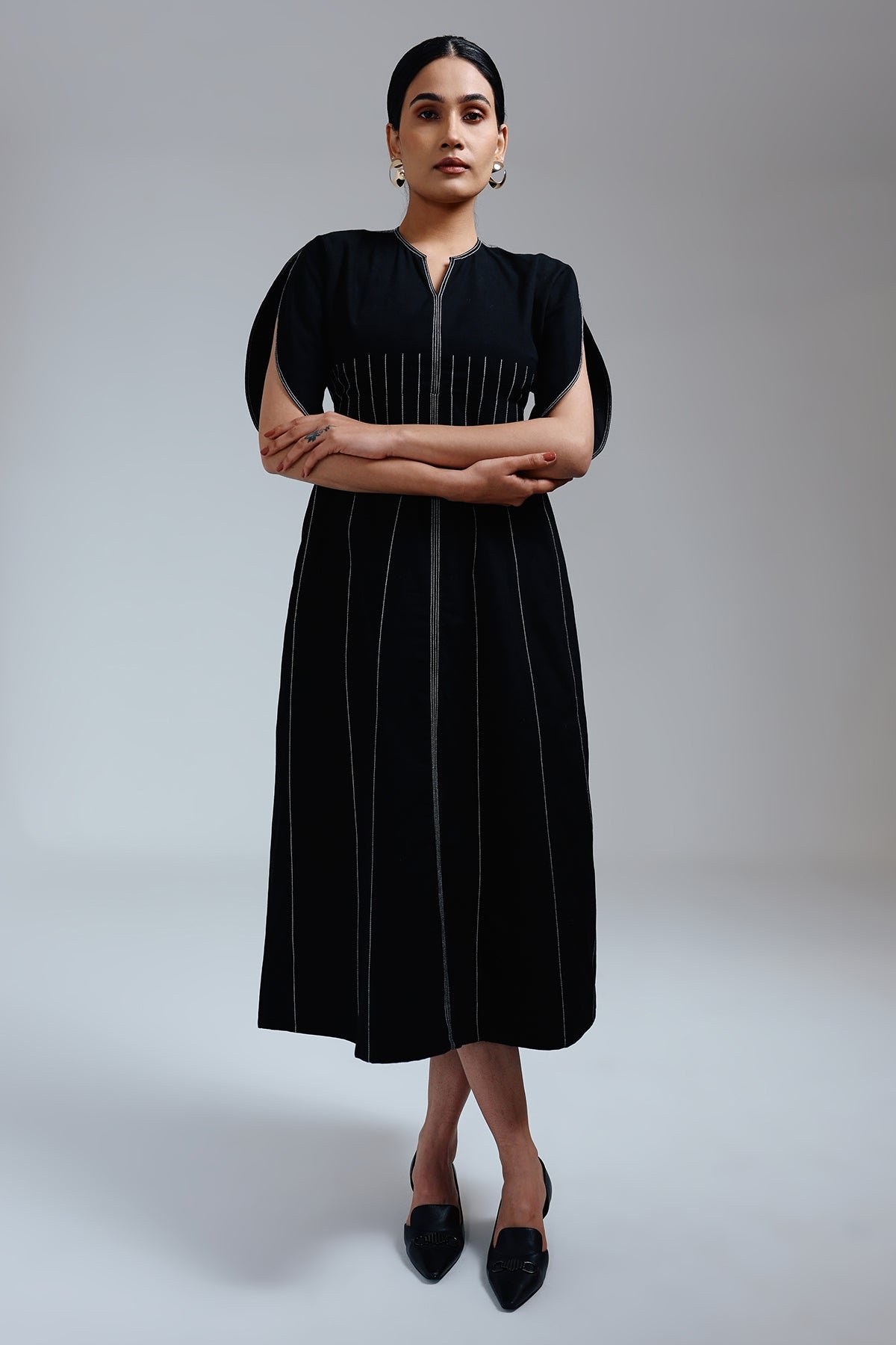 Black A-Line Midi Dress with Cape Sleeves