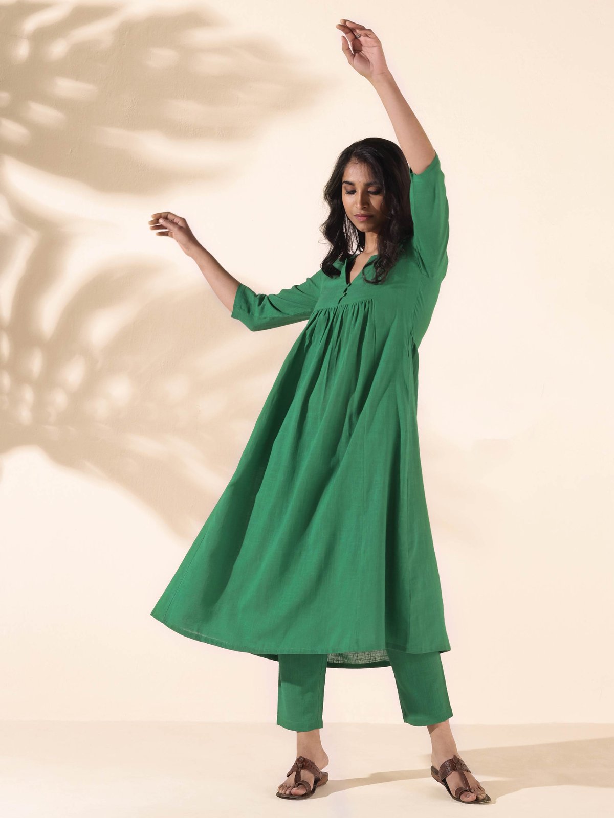 Green Cotton Long Kurta Pant Set
