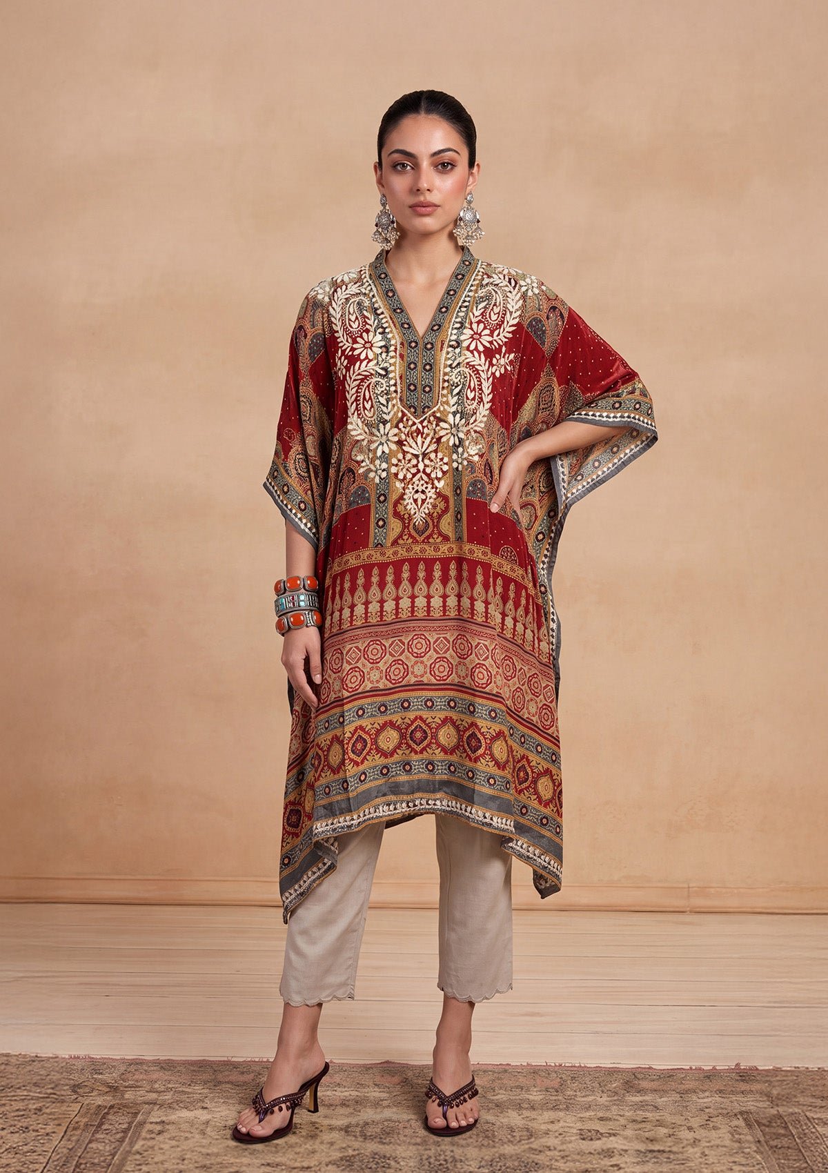 Printed Straight Women'S Short Kaftan-Rust