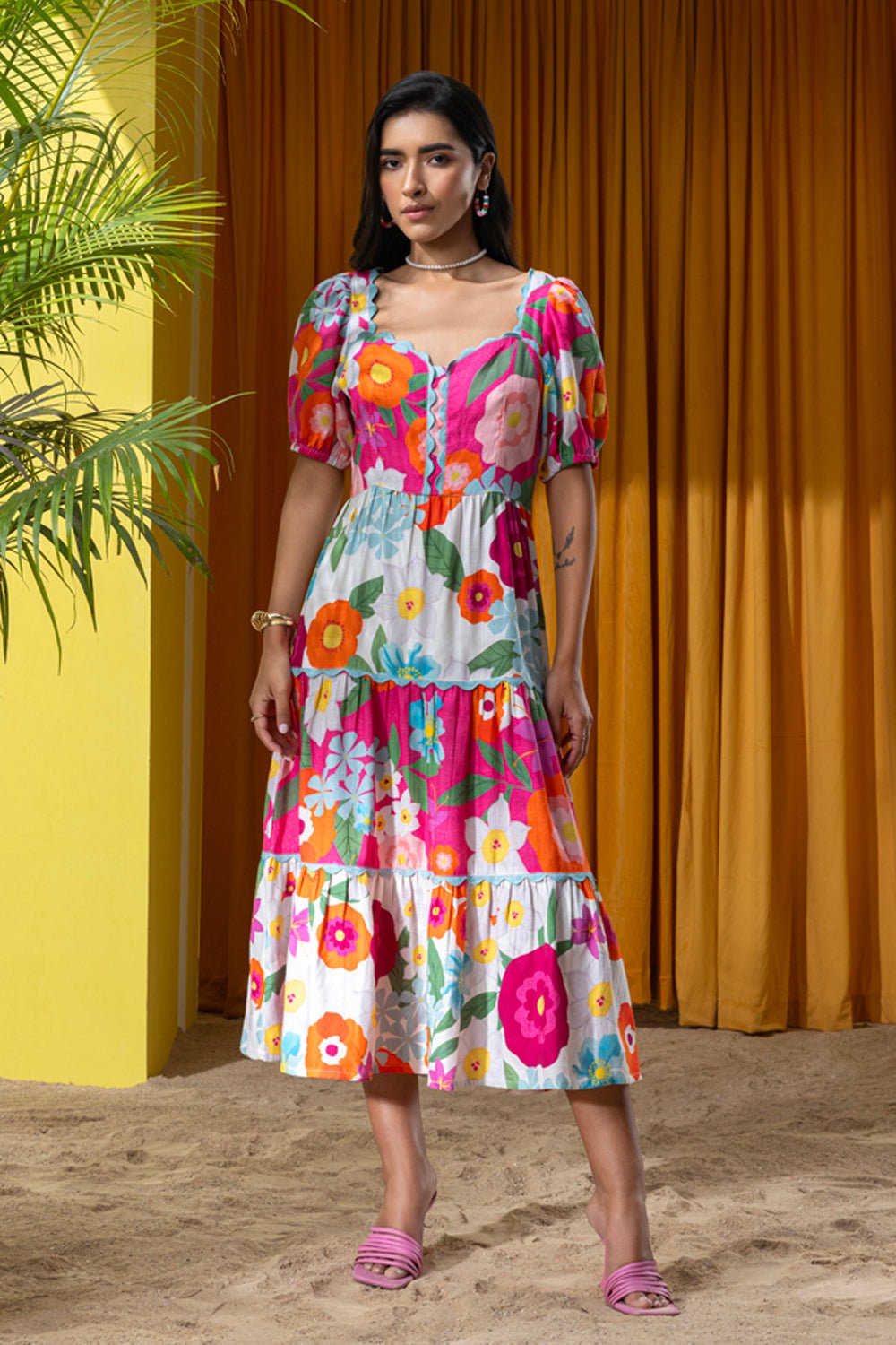 Pink Floral Tiered Midi Dress with Square Neck