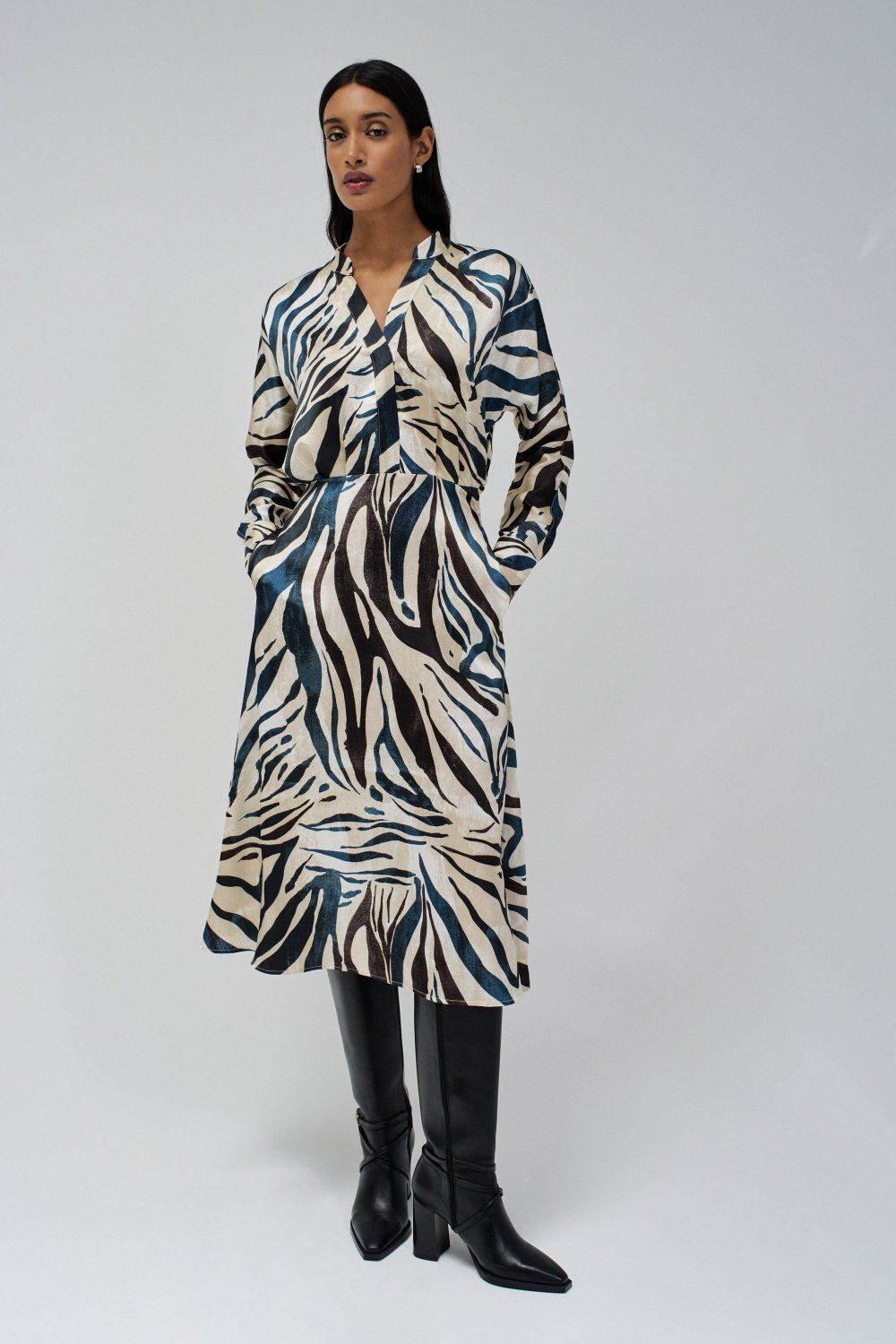 Animal Print Satin-Feel Midi Shirt Dress