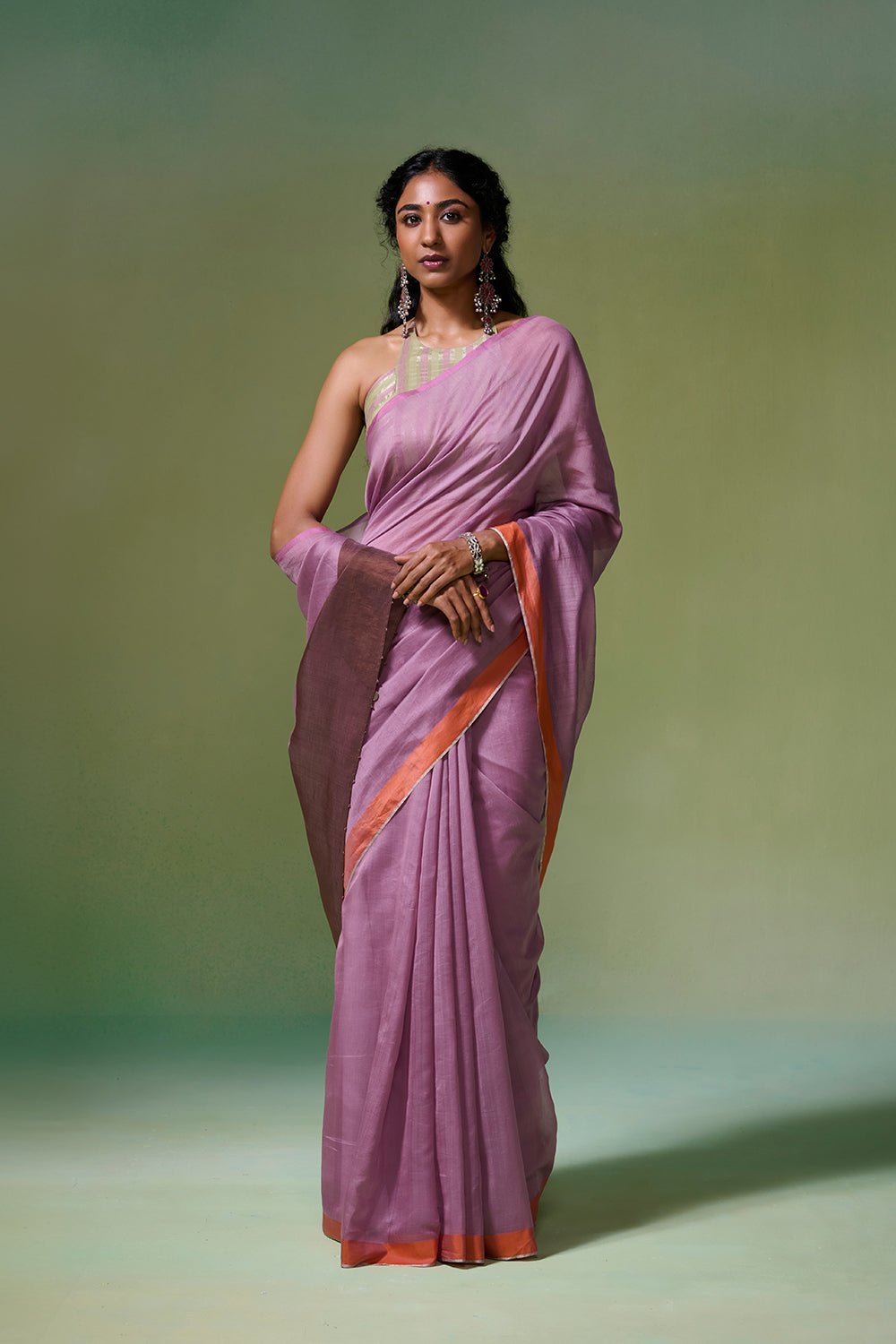 Light Purple Chanderi Saree with Orange Contrast Border