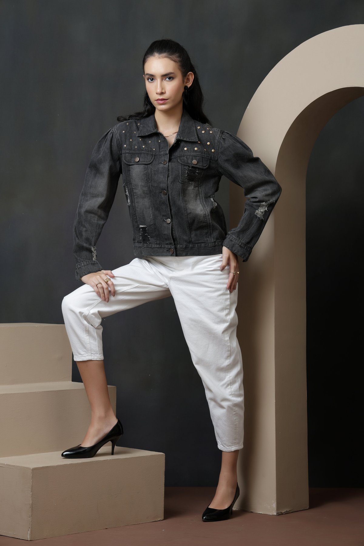Charcoal Grey Washed Denim Oversized Jacket with Studs