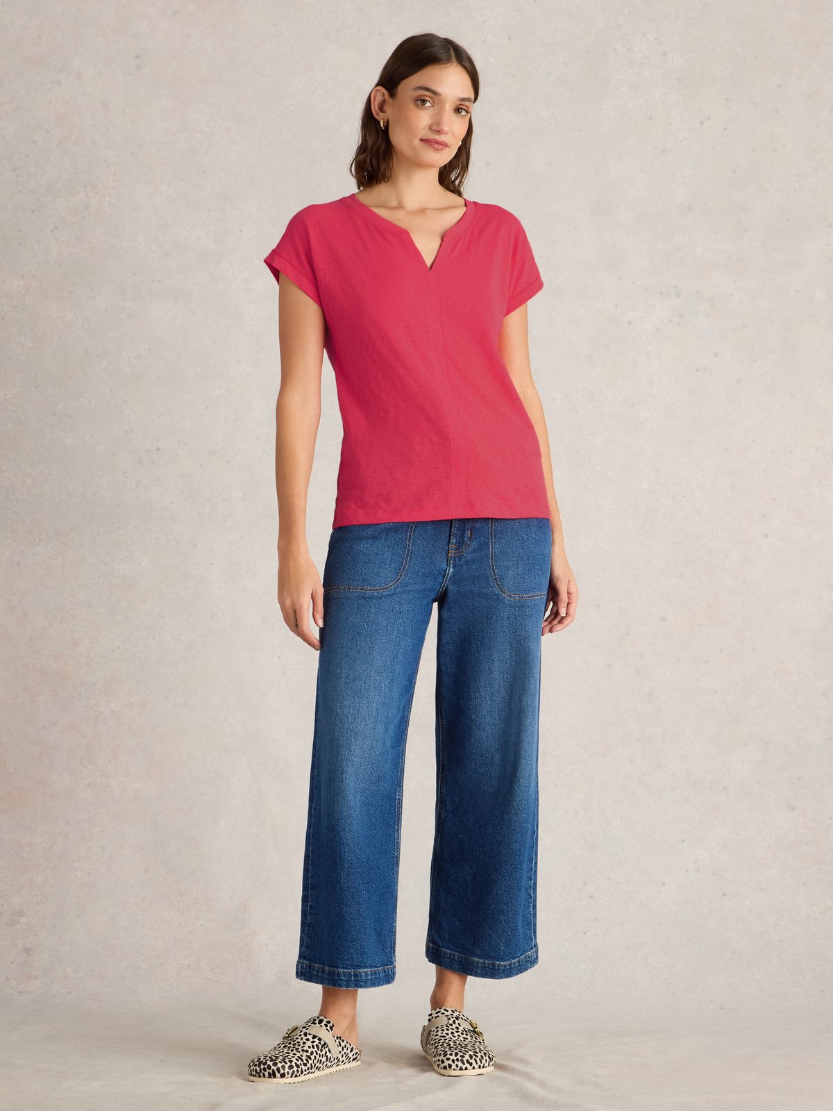 Bright Pink Notch V-Neck Cotton Jersey T-Shirt