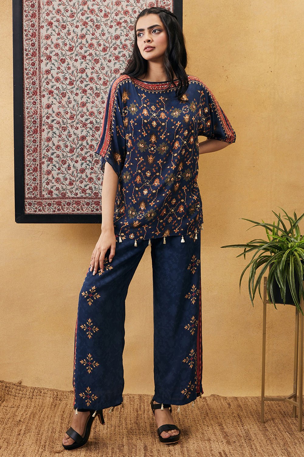 Blue Printed Kimono Top and Wide-Leg Pants Co-ord Set