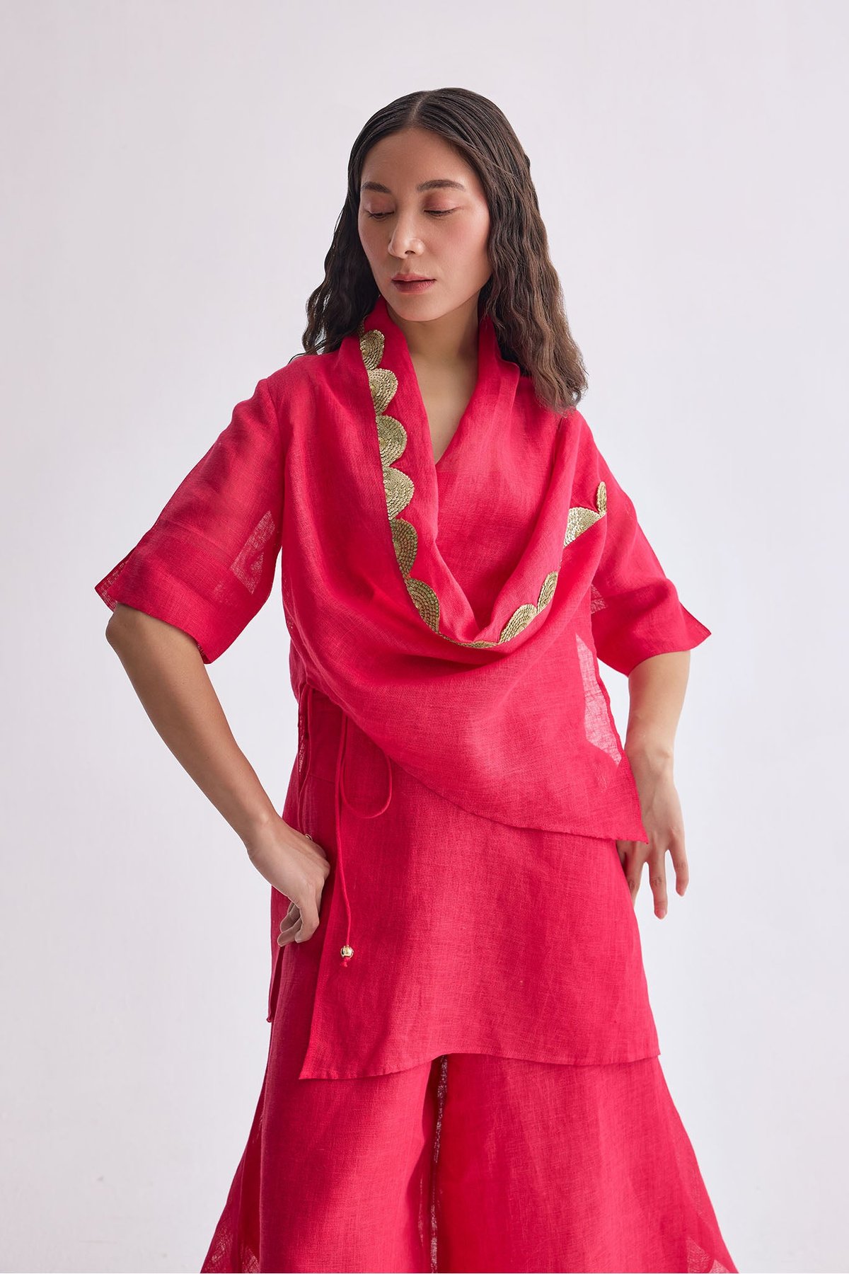Fuchsia Gauze Linen Cape and Palazzo Co-ord Set