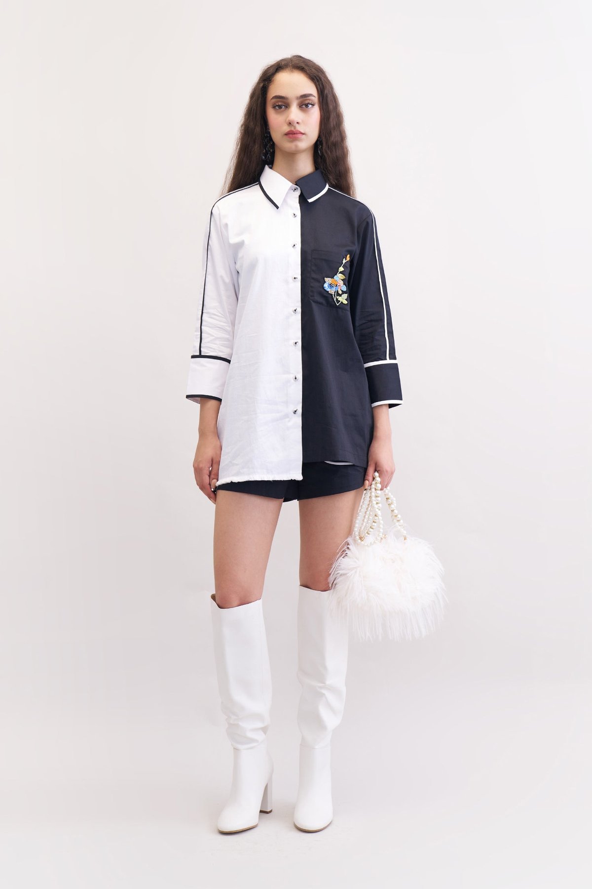 Black and White Colorblock Shirt and Shorts Co-ord Set