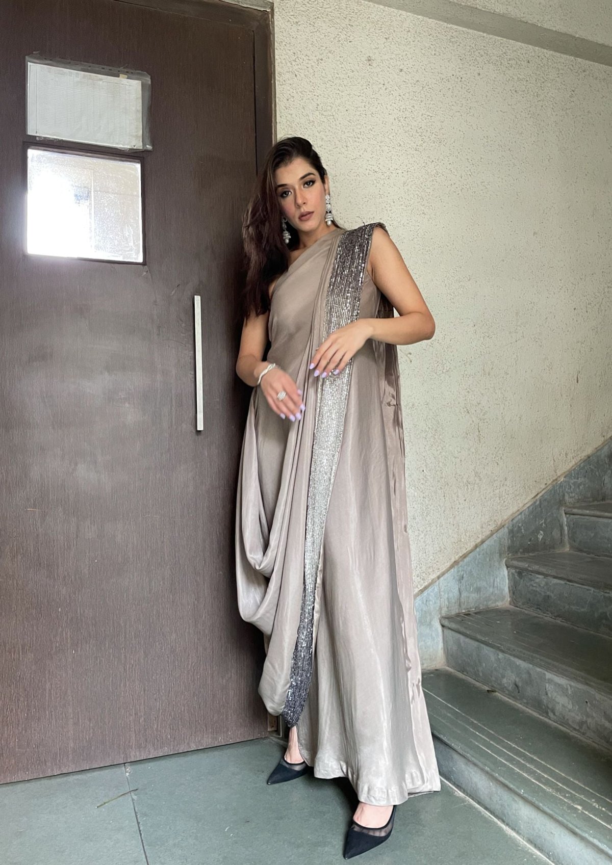 Fawn Cowl-Drape Concept Saree with Sequin Border