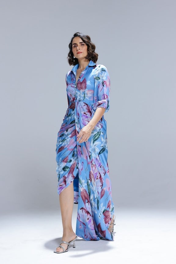 Powder Blue Floral Georgette Satin Shirt Gown