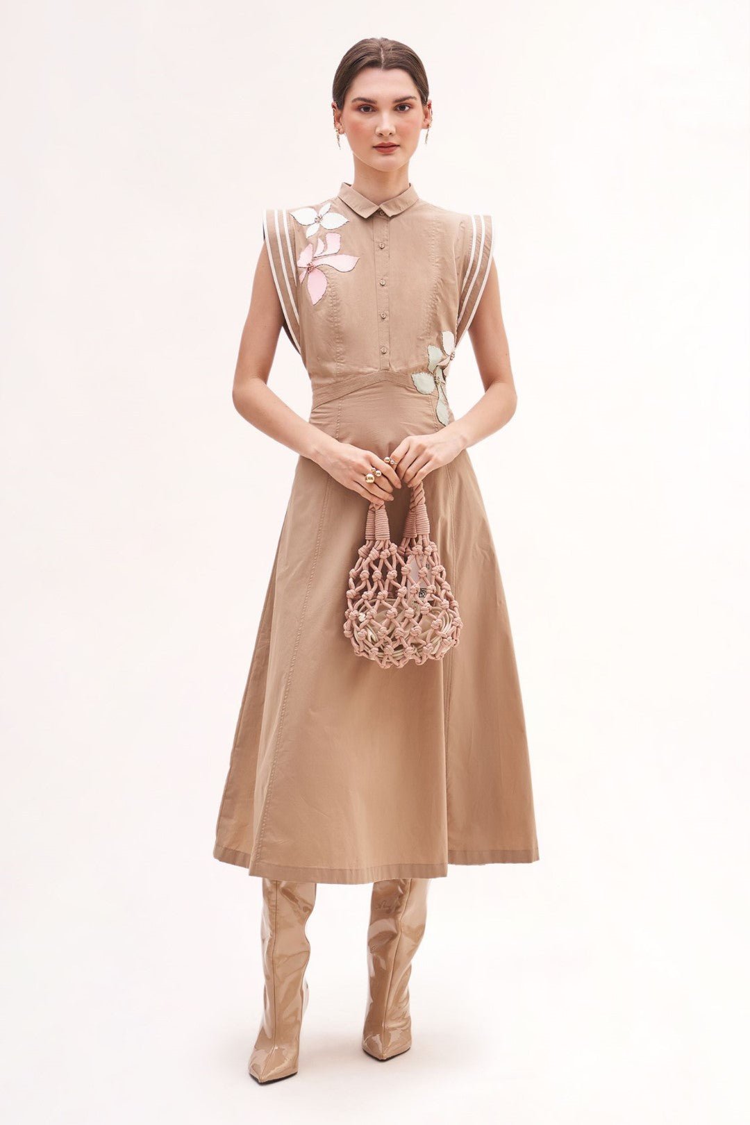 Khakhi Cotton Satin Midi Shirt Dress with Floral Applique