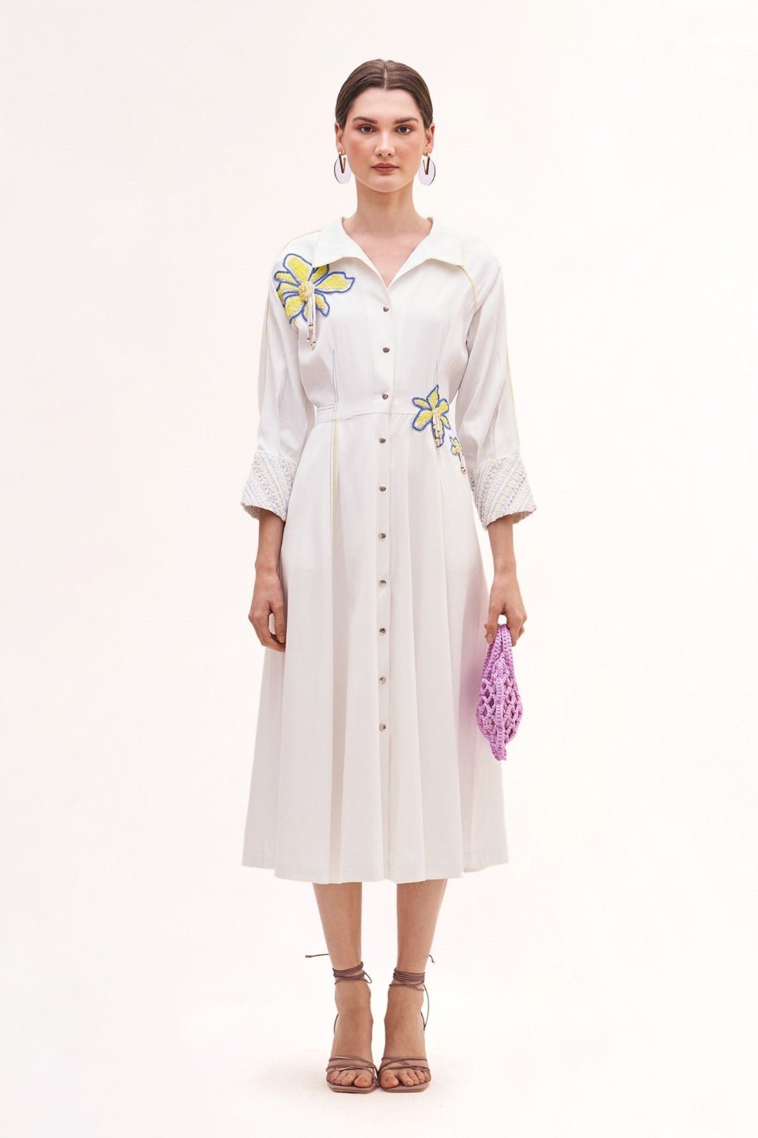 White Cotton Embroidered Fit and Flare Midi Shirt Dress