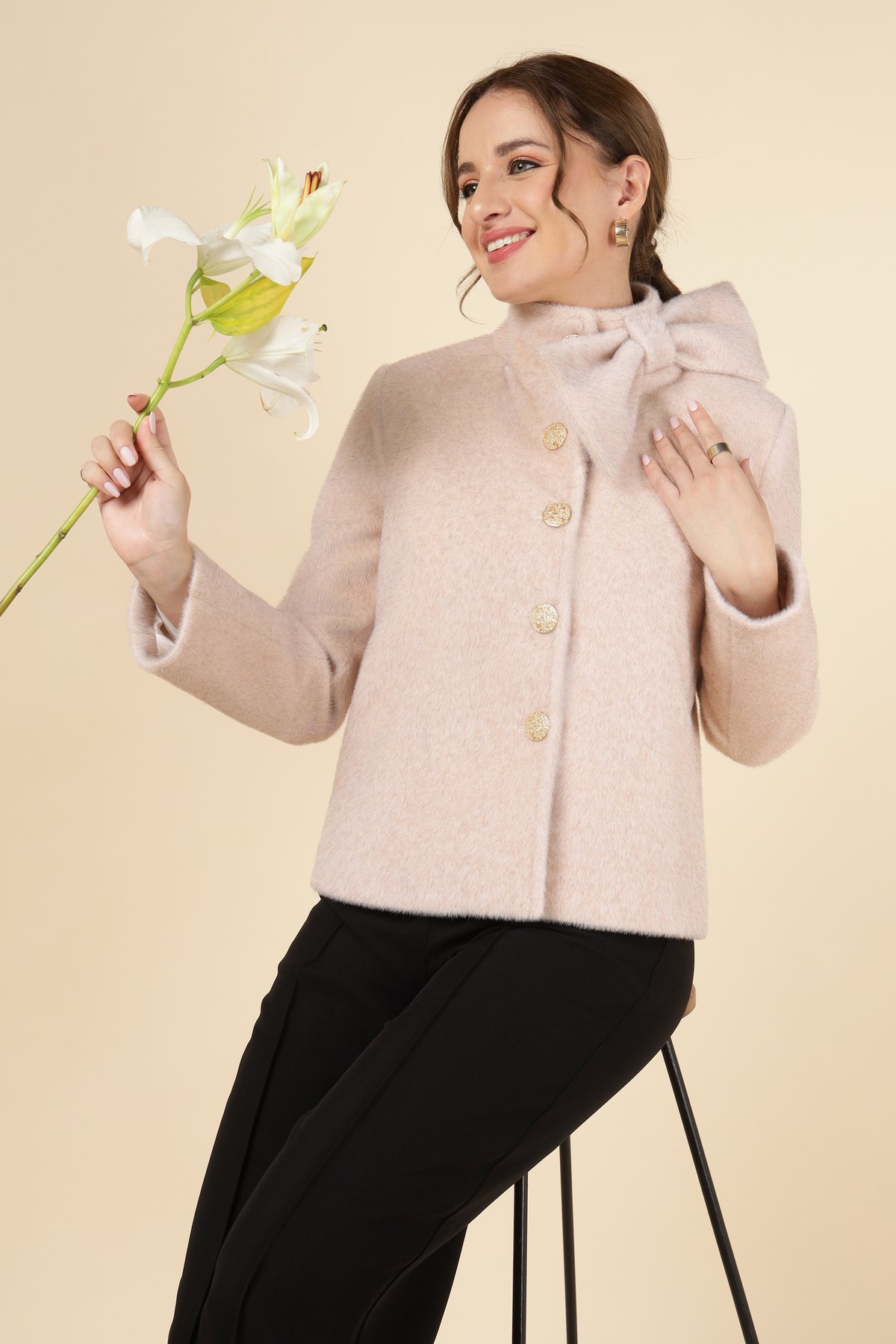 Light Pink High Neck Bow Detail Button-Front Jacket