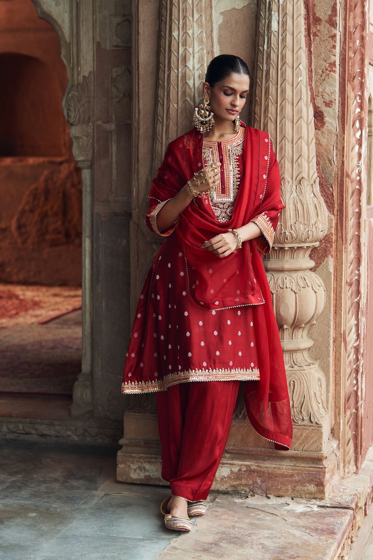 Deep Red Embroidered Chanderi Kurta Set with Salwar