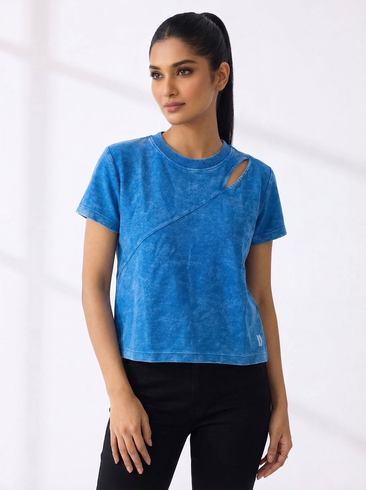 Blue Acid Wash Reverse Terry Top
