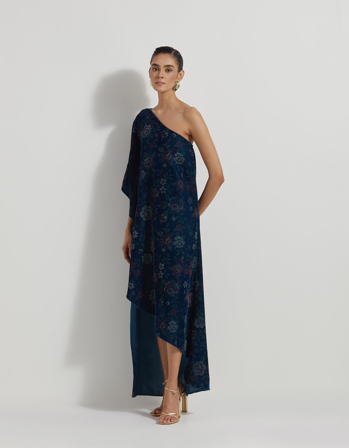 Teal One-Shoulder Velvet Floral Block Print Maxi Dress