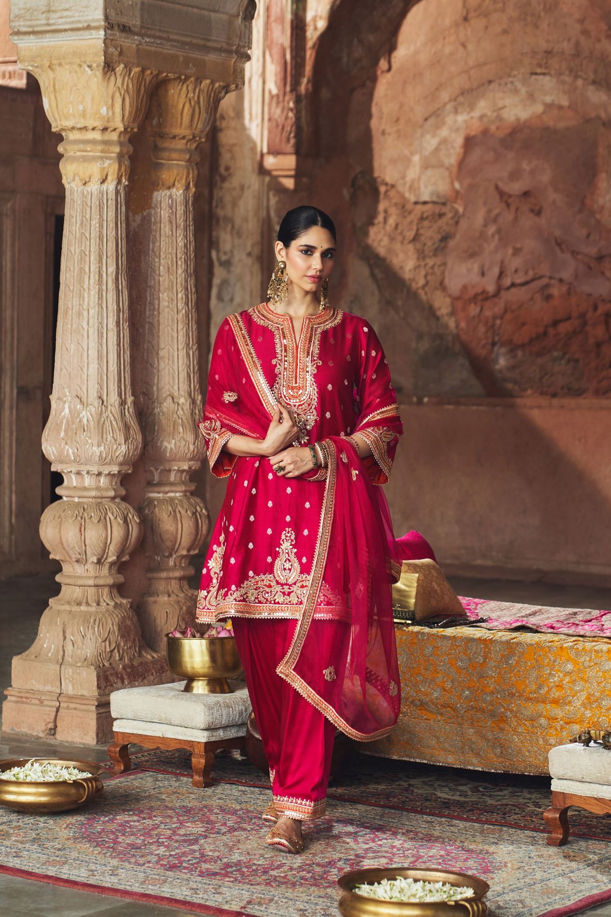 Hot Pink Embroidered Short Kurta Set with Salwar and Dupatta