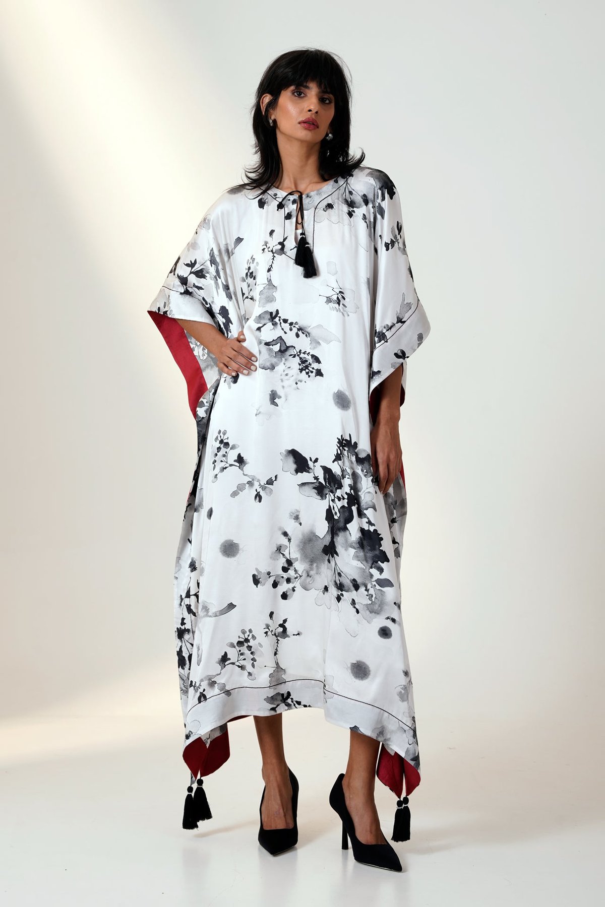 White Monochrome Printed Flowy Kaftan with Tassel Tie