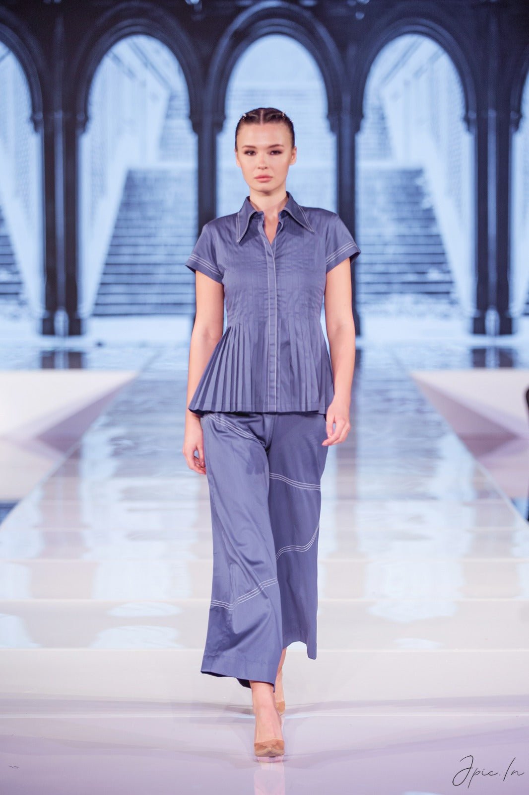 Denim Blue Pleated Peplum Top and Wide-Leg Co-ord Set