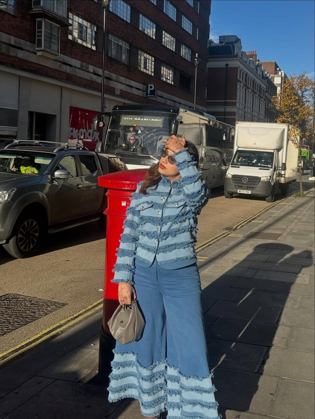 Blue Striped Fringed Denim Jacket with Mandarin Collar