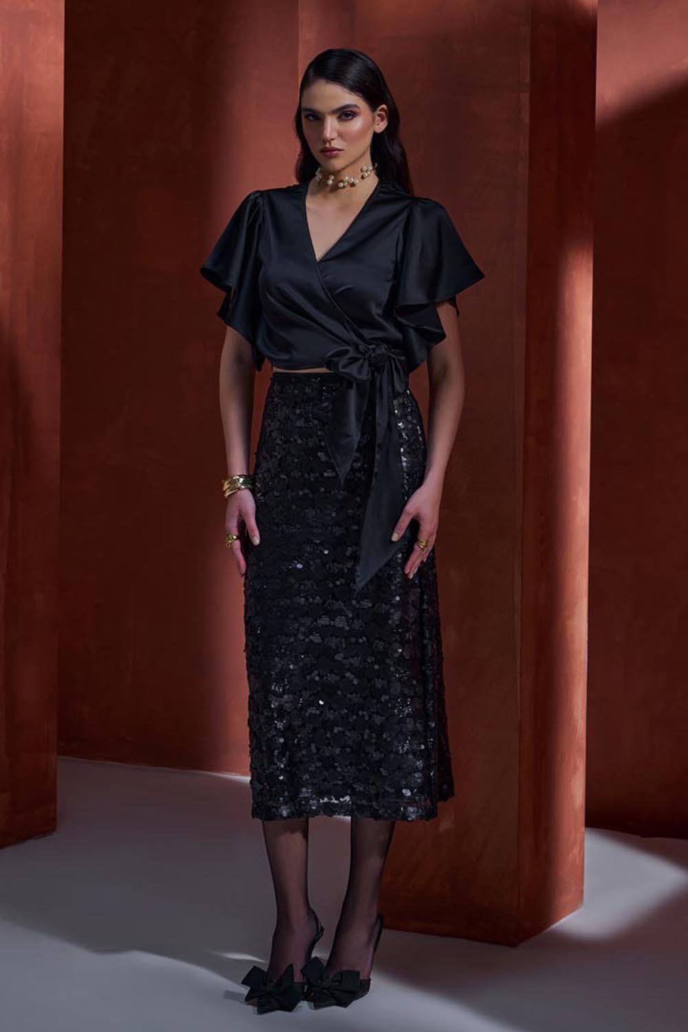 Black Satin Wrap Top and Sequin Midi Skirt Co-ord Set