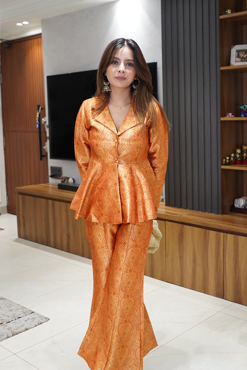 Orange Brocade Peplum Top and Flared Pants Co-ord Set