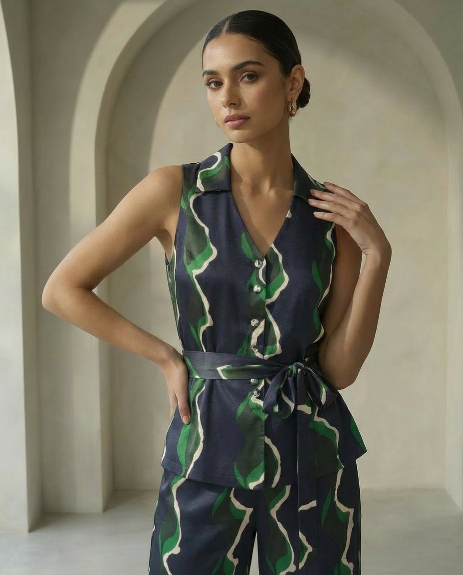 Green Abstract Printed Modal Satin Waistcoat-Style Belted Top