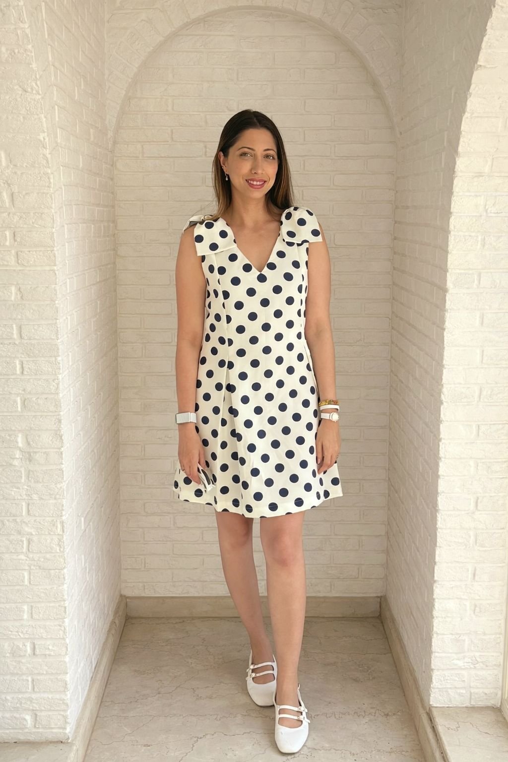 White Polka Dot V-Neck A-Line Mini Dress