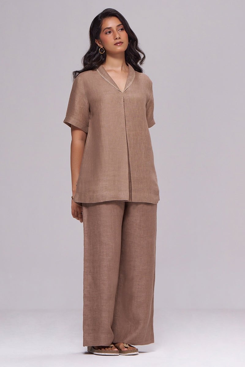 Milk Chocolate Linen Co-ord Set with Wide-Leg Pants