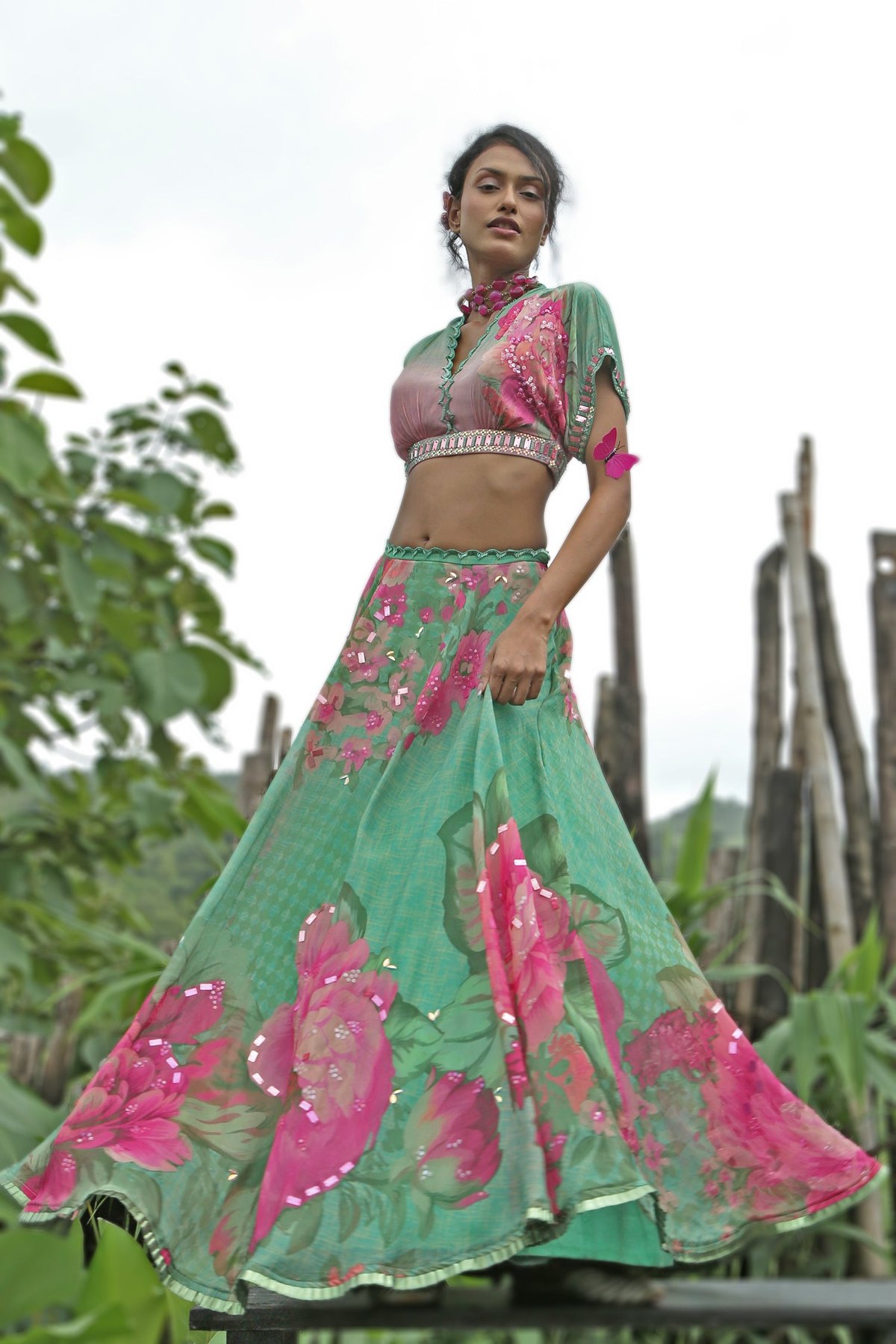 Mint Floral Printed Lehenga Set with Tie-Back Blouse