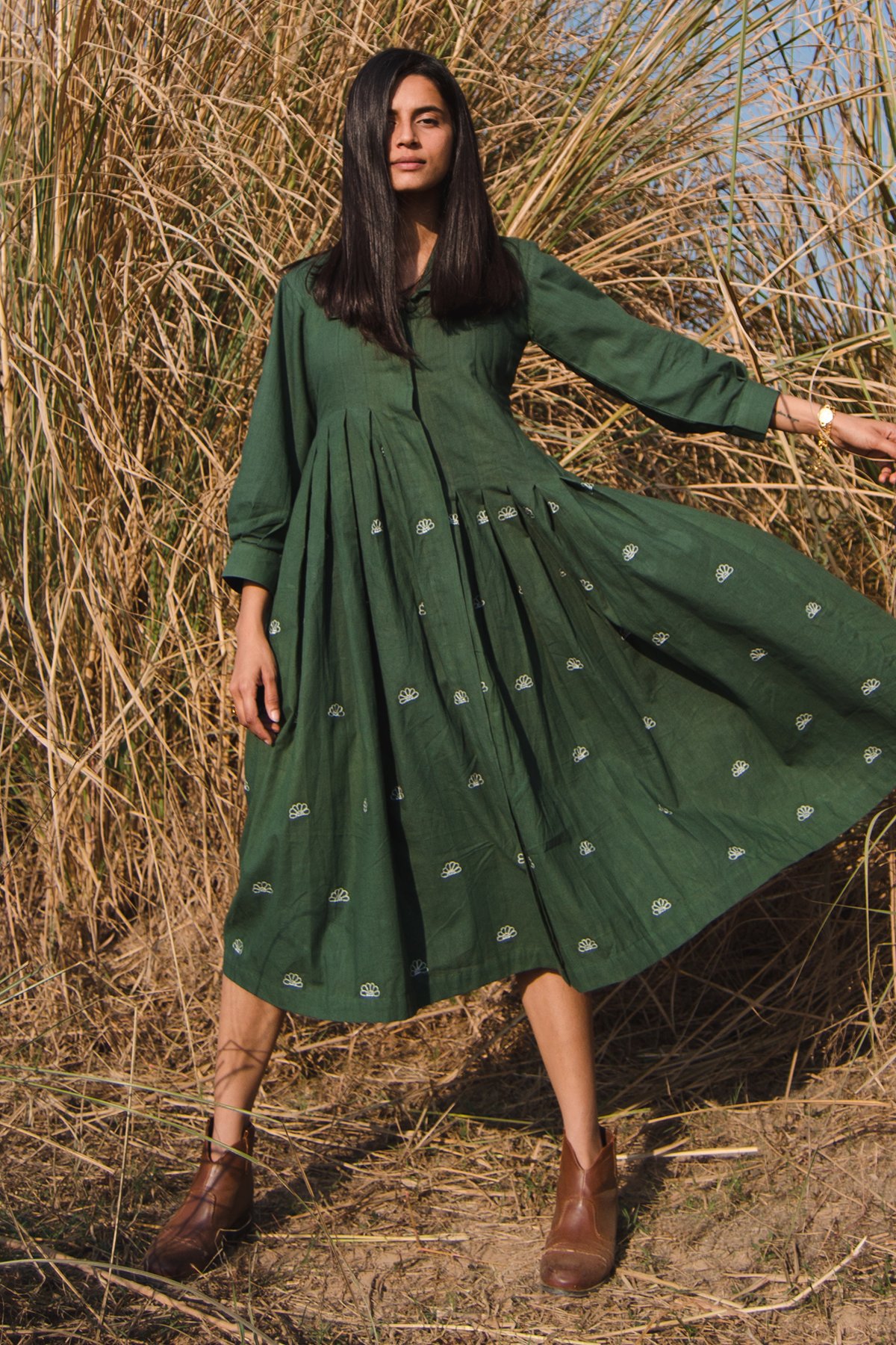 Basil Green Pleated Midi Shirt Dress