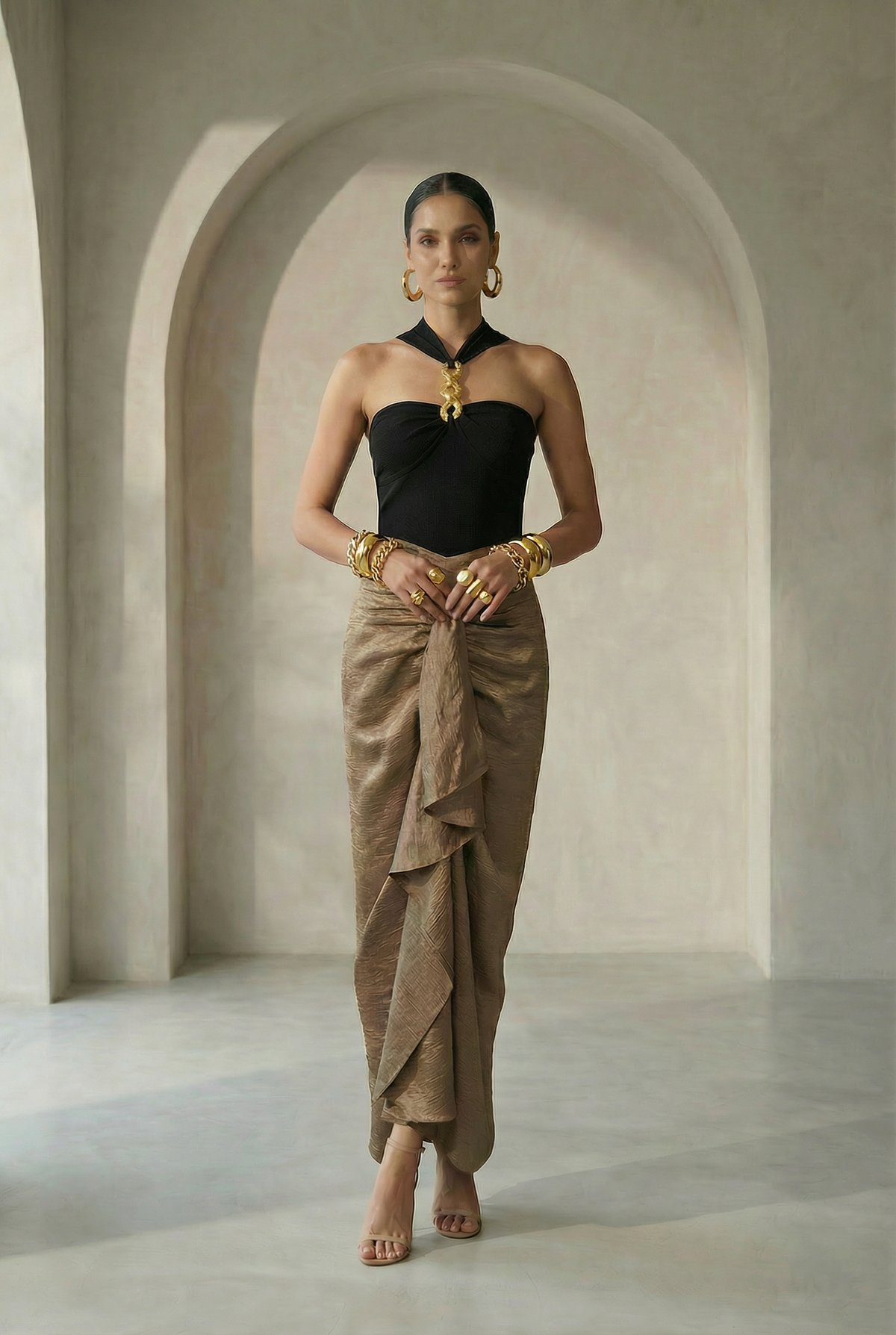 Metallic Gold Maxi Drape Skirt with Front Cascade