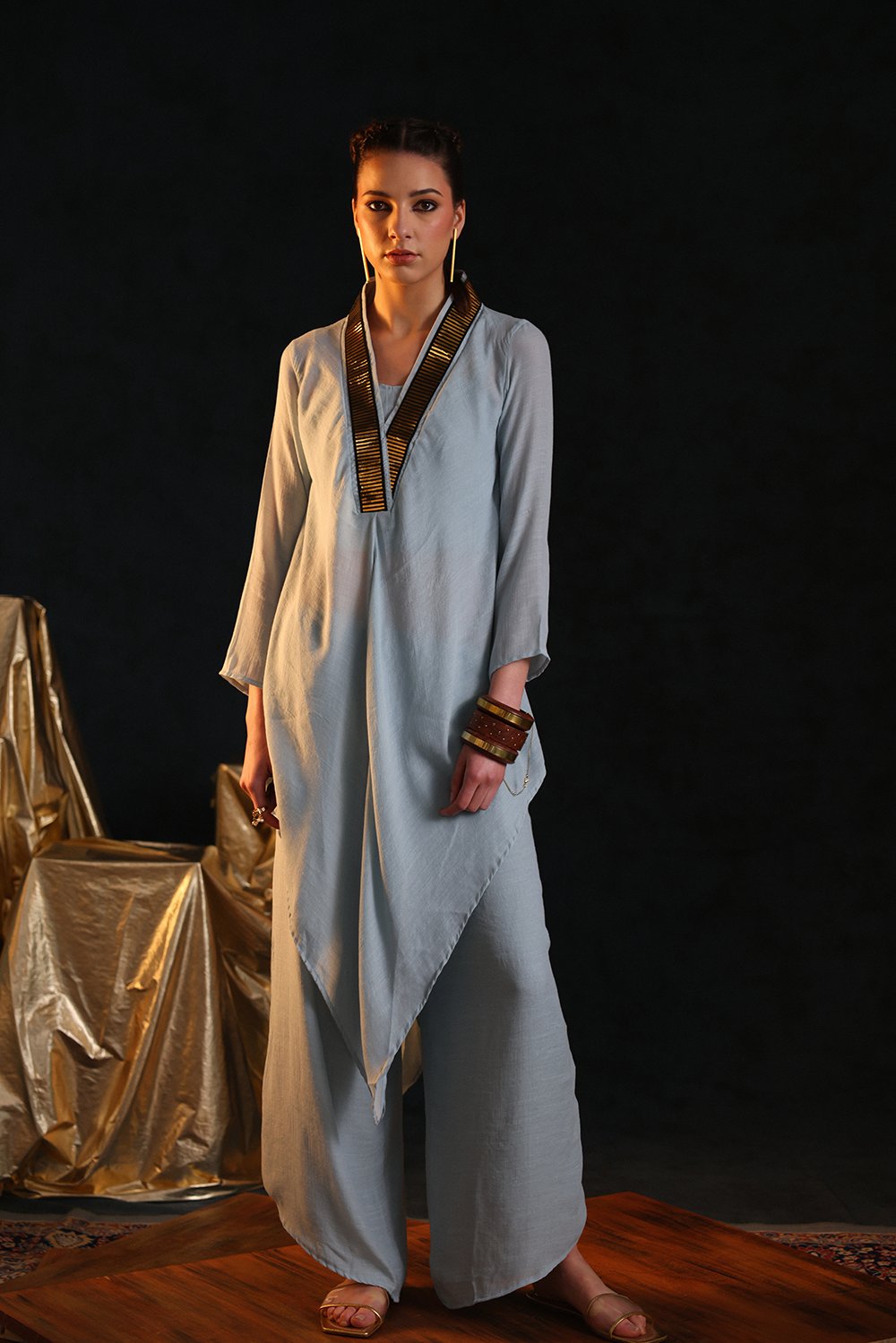 Light Blue Foil-Trim V-Neck Tunic and Pant Co-ord Set