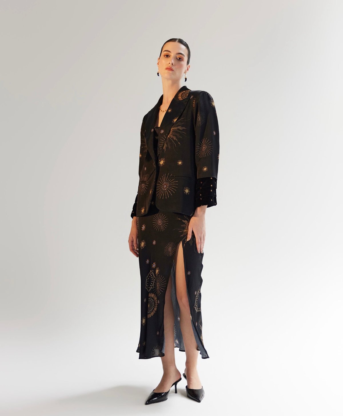 Black Satin Starburst Print Tailored Blazer