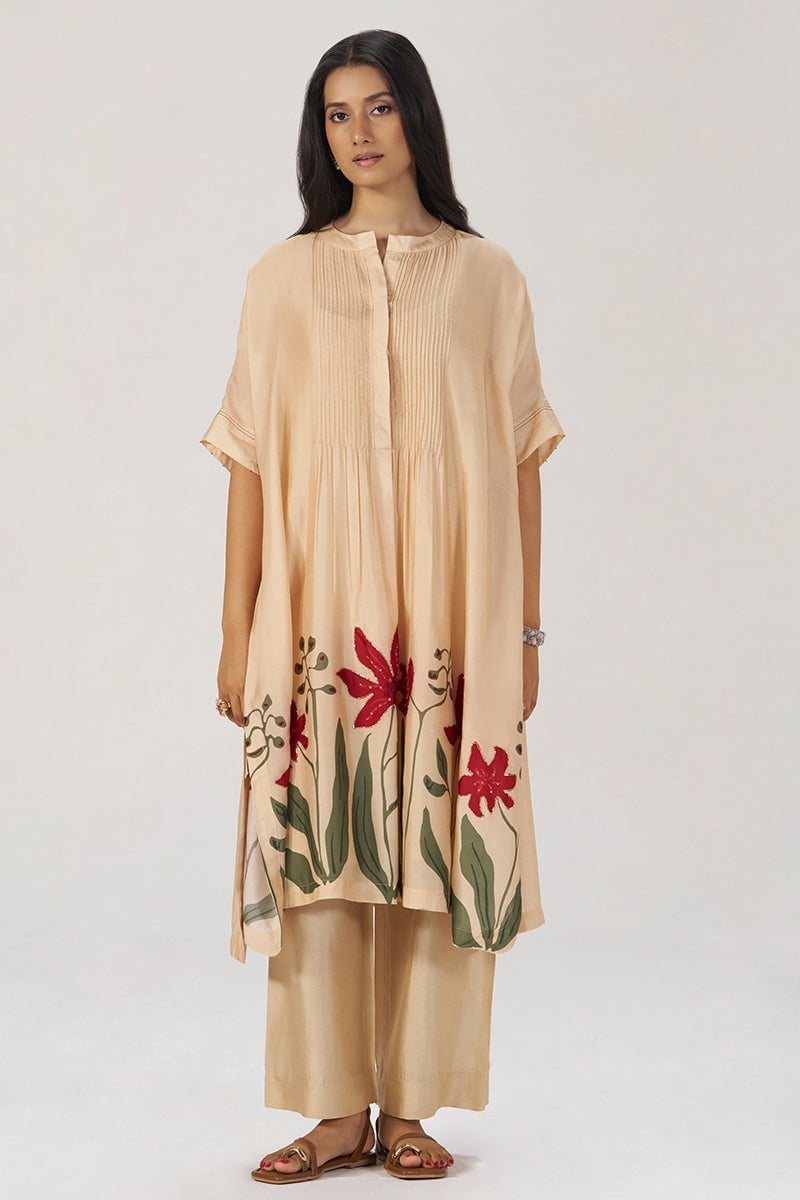 Beige Botanical Silk Festive Co-ord Set