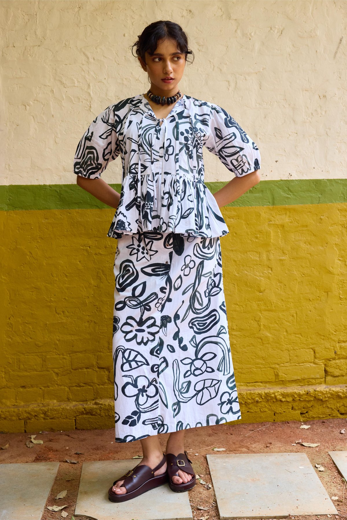 Black and White Printed Poplin Skirt Co-ord Set