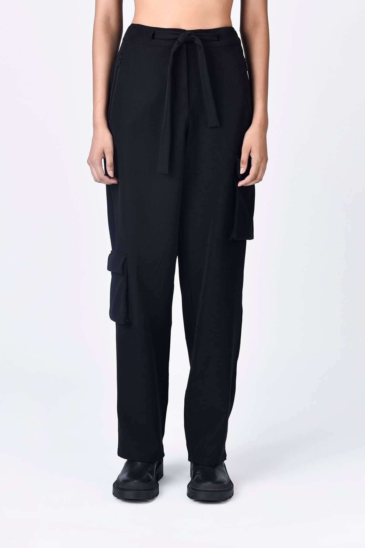 Black Relaxed-Fit Crepe Joggers with Asymmetric Pockets