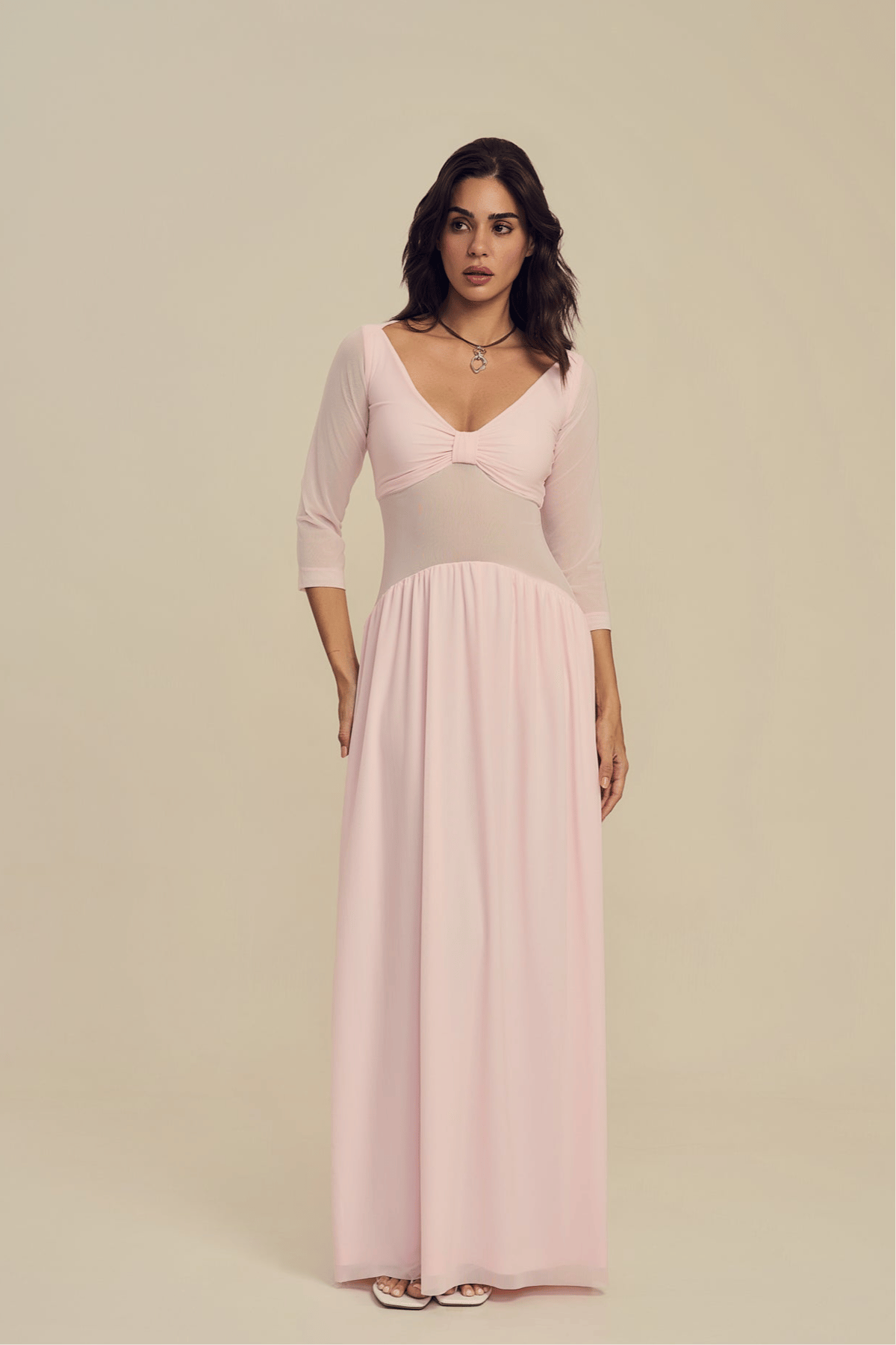 Soft Pink Sweetheart Maxi Dress with Twist-Knot Detail