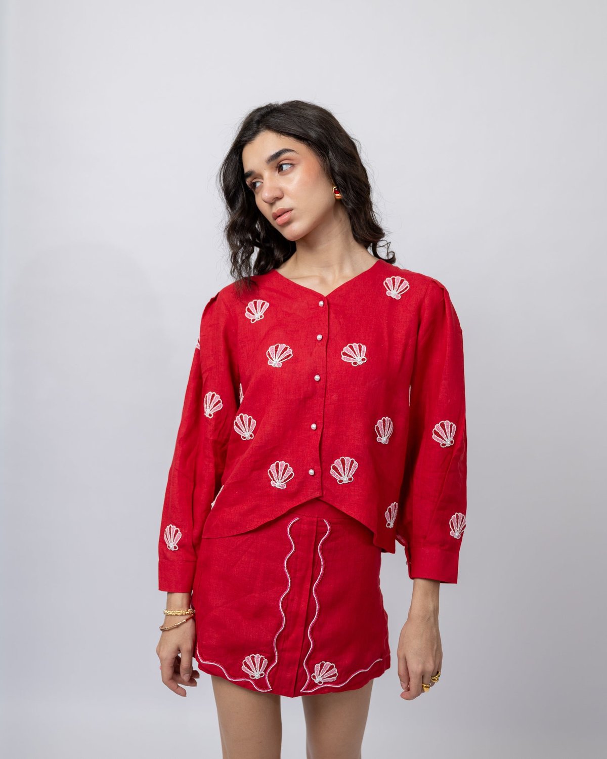 Red Linen Hand-Beaded Shell Motif Shirt