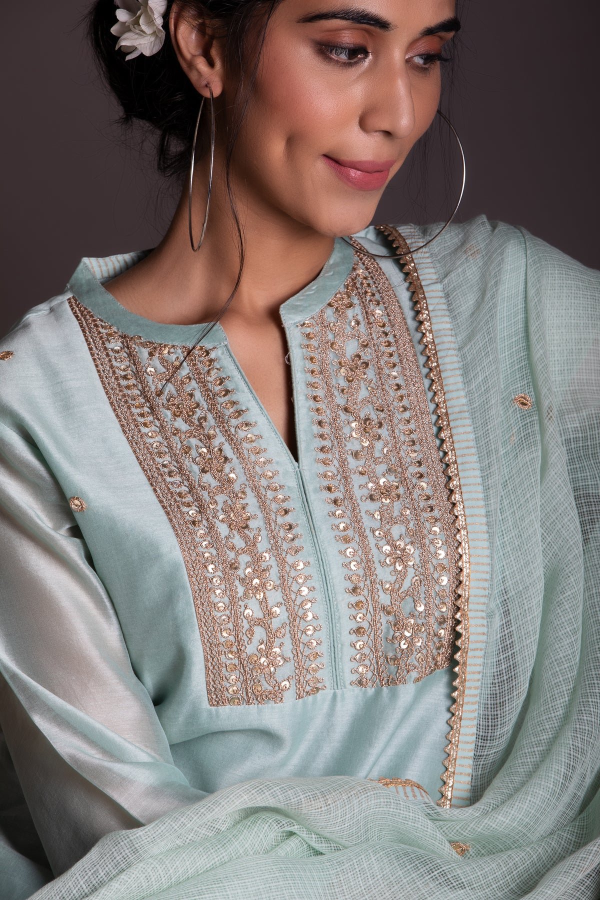 Freesia Marori Work Mint Green Chanderi Suit Set