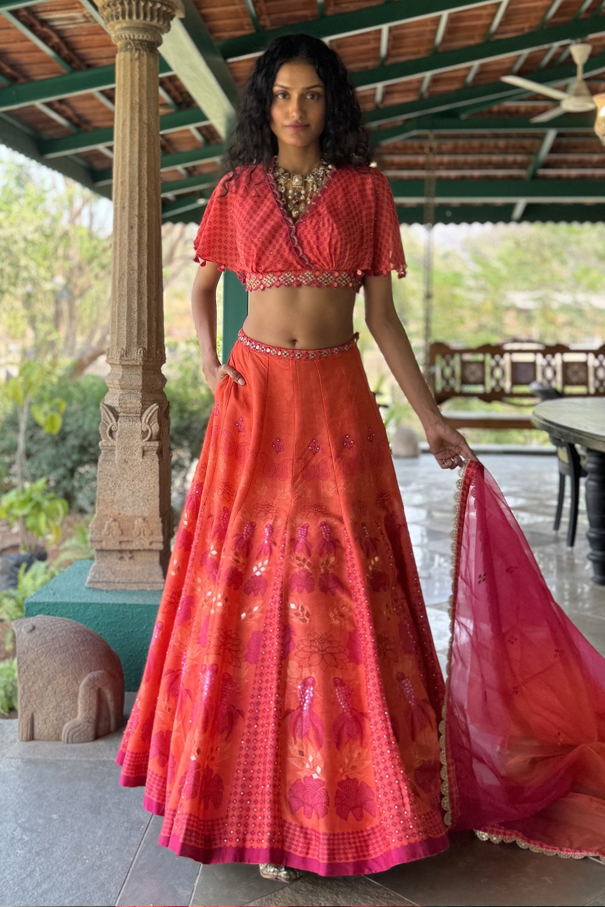 Orange Ombre Printed Lehenga Set With Embroidered Choli