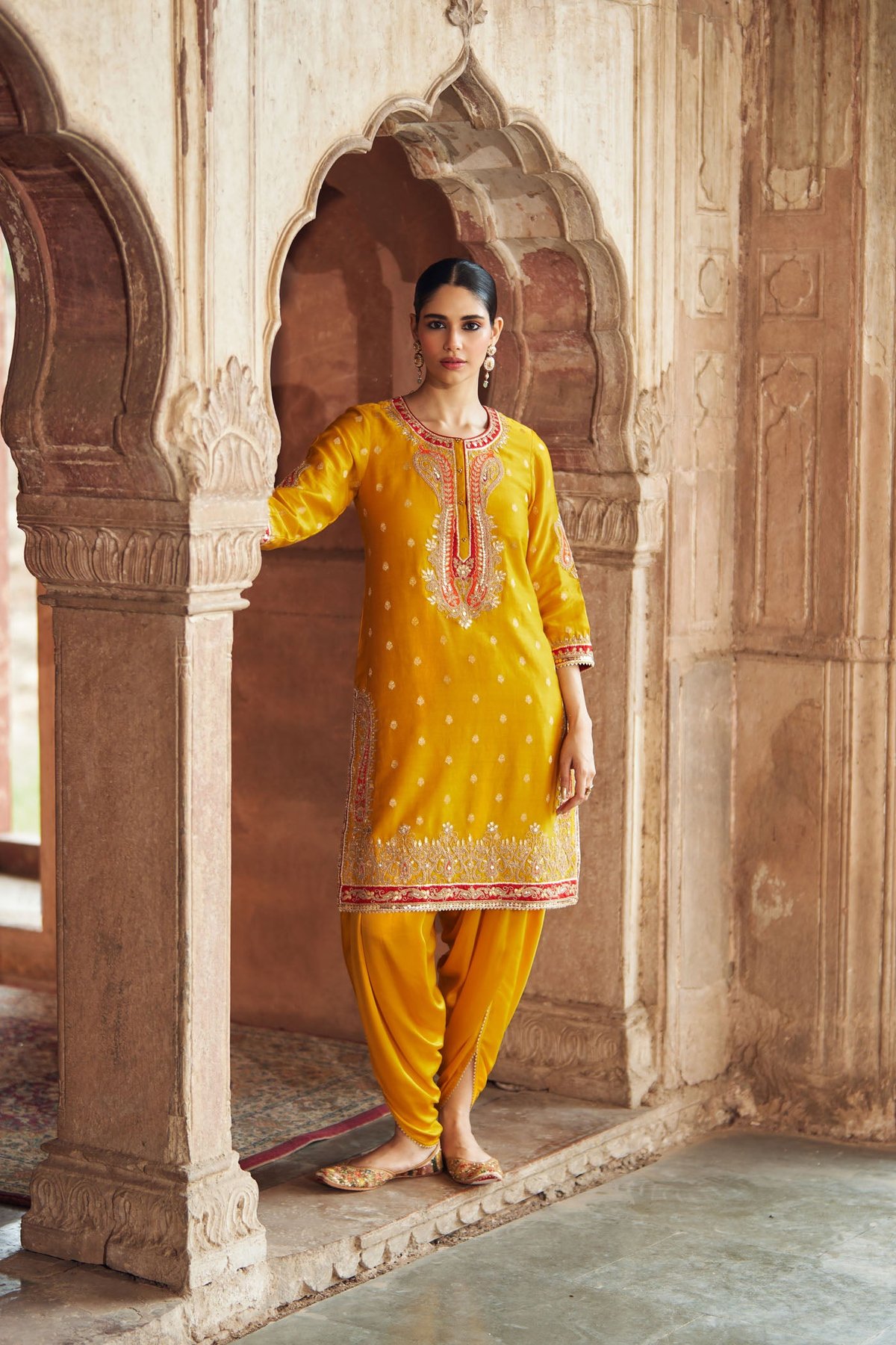Mustard Straight Kurta Set with Dhoti Pant and Embroidery
