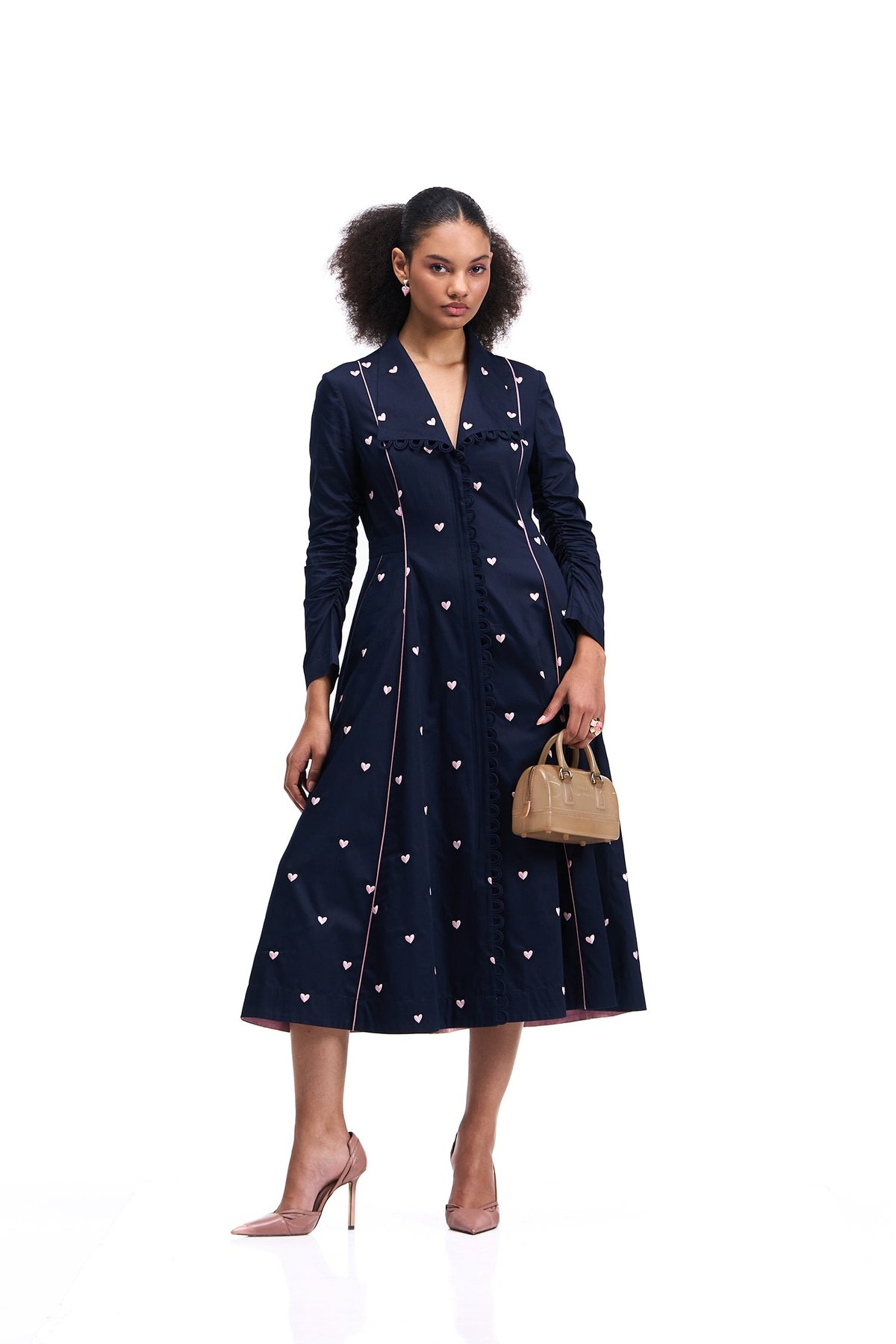 Navy Heart Print Fit and Flare Midi Dress