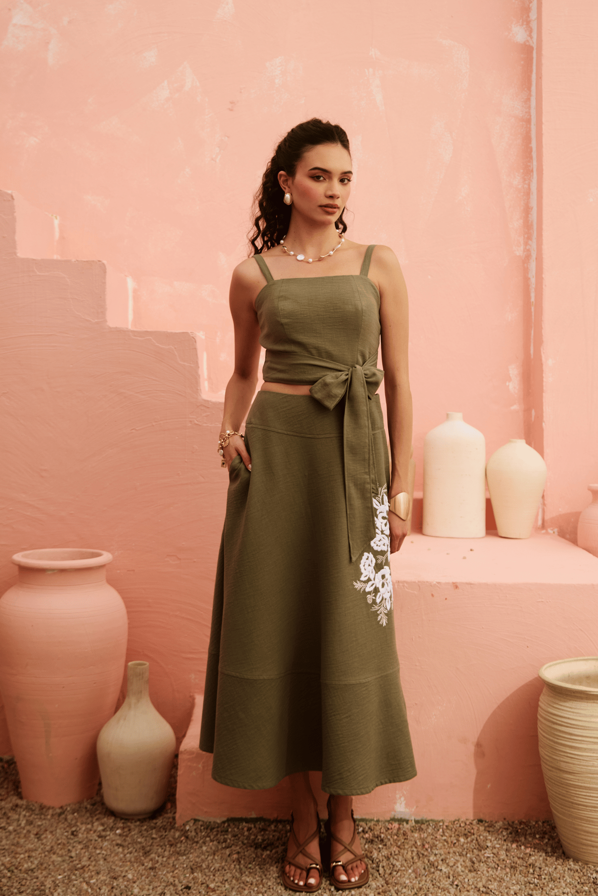 Olive Linen Crop Top and A-Line Midi Skirt Co-ord Set