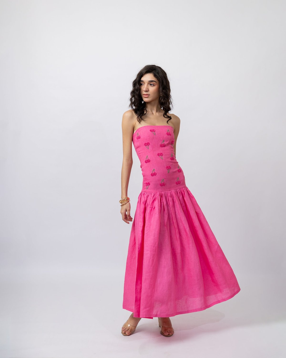Fuchsia Linen Off-Shoulder Maxi Fit and Flare Dress