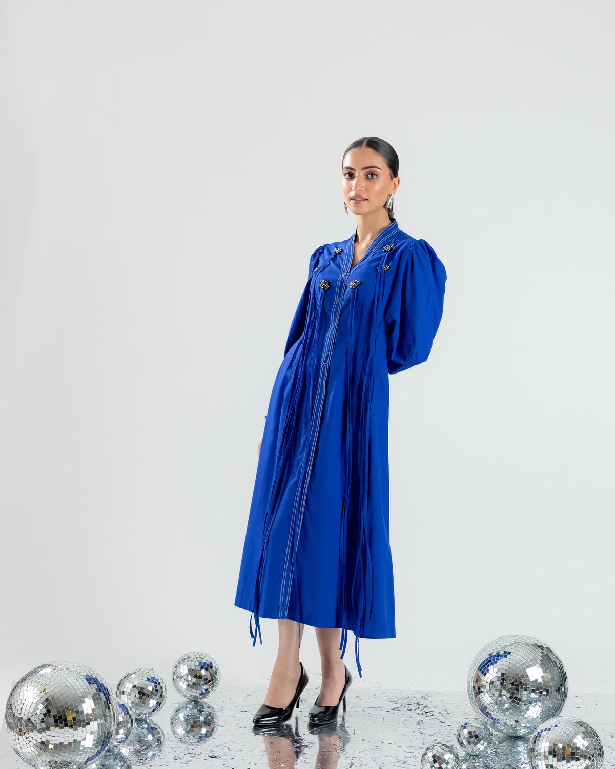 Royal Blue Button-Front V-Neck Midi Dress