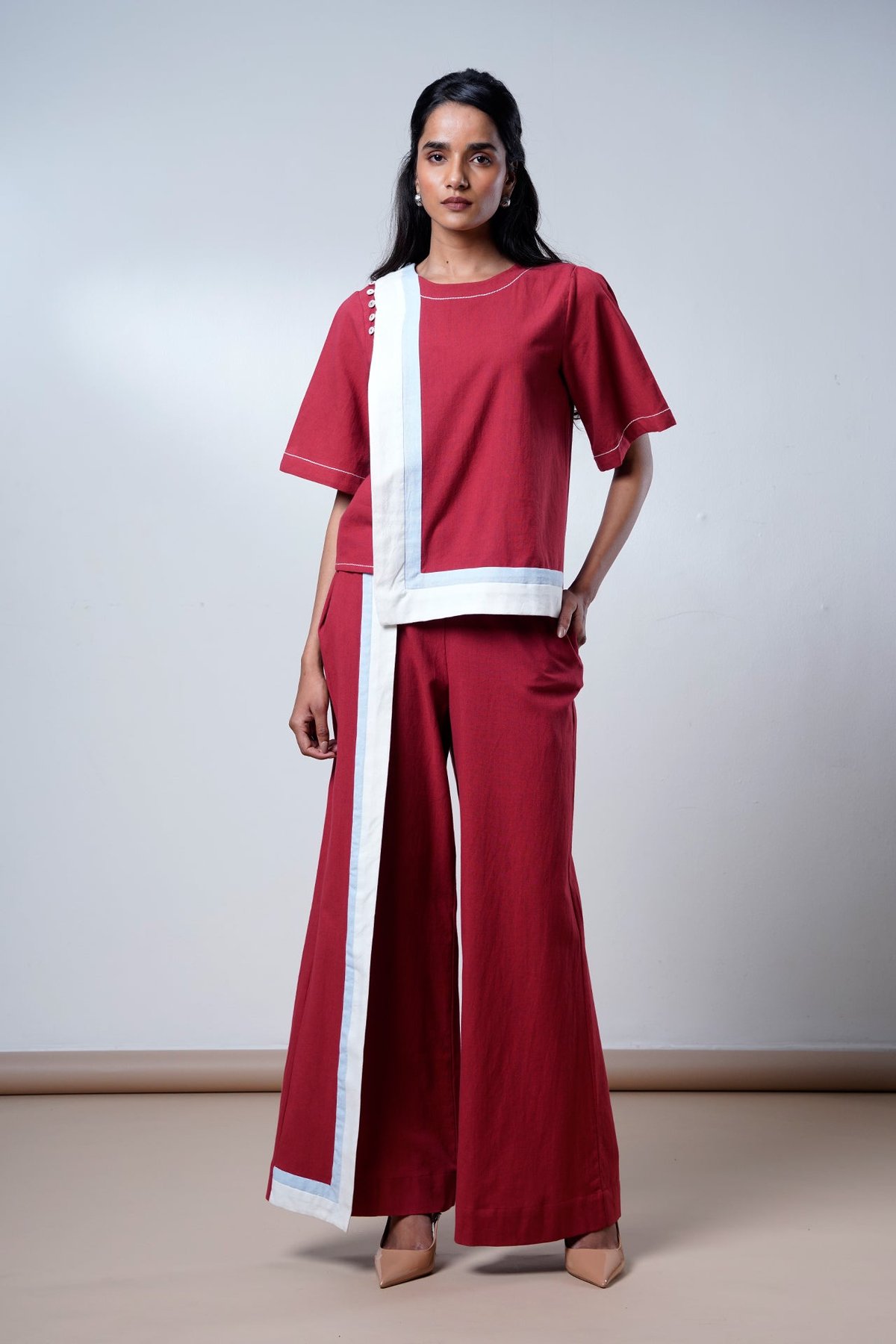 Wine Contrast Panel Top and Wide-Leg Pants Co-ord Set
