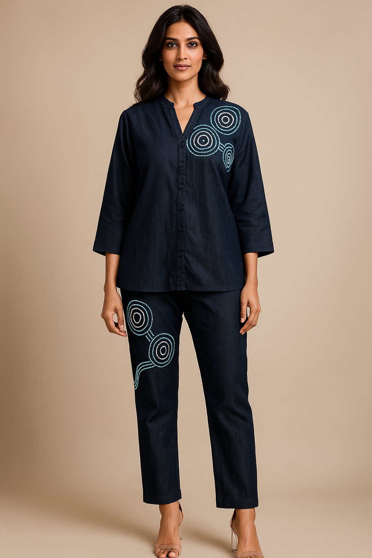 Blue Denim Beadwork Co-ord Set with Mandarin Collar