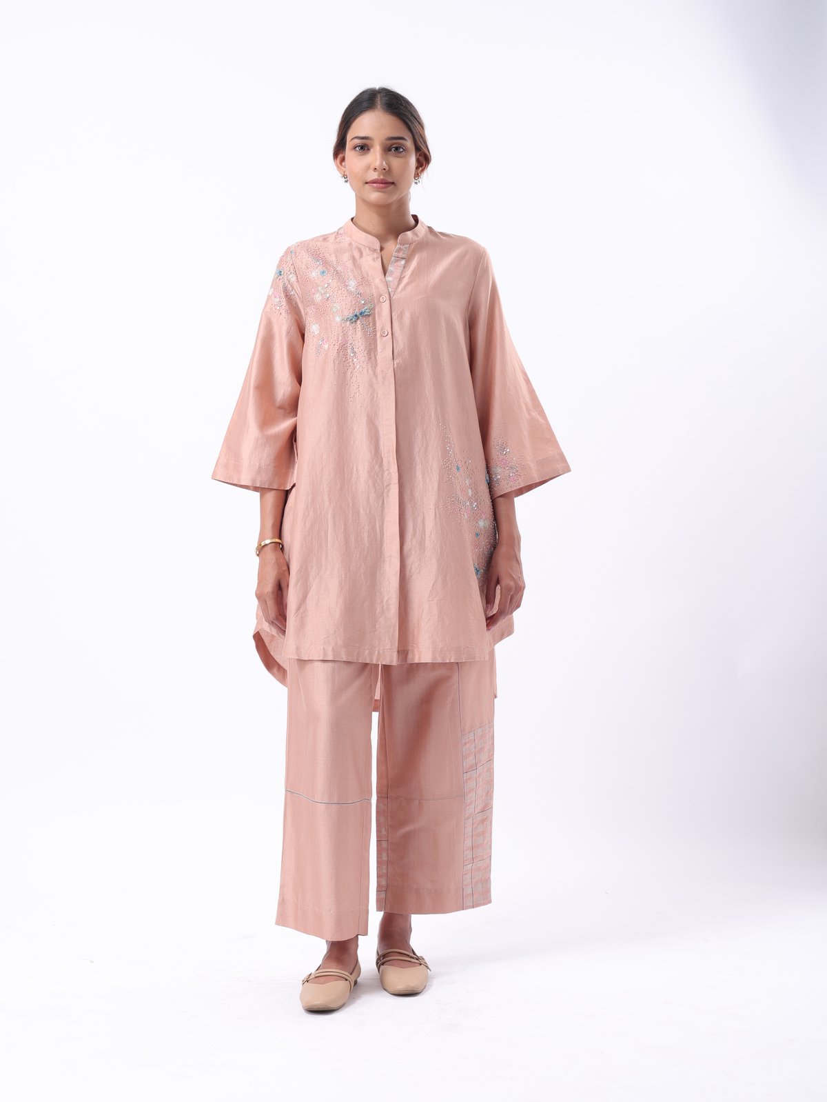 Peach Cotton Silk Embroidered Mandarin Collar Tunic