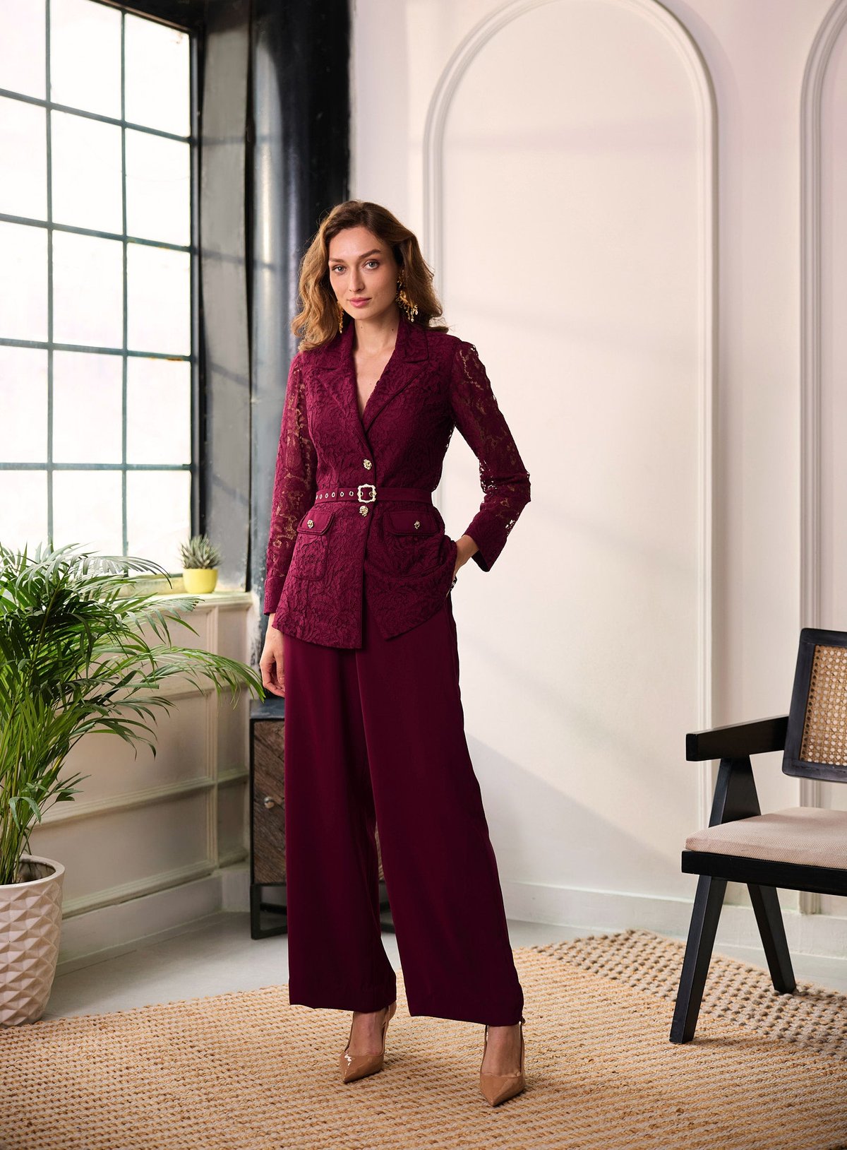 Ruby Lace Blazer and Wide-Leg Pants Co-ord Set